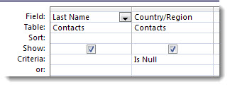 Images shows ctriteria field in query designer with is null criteria