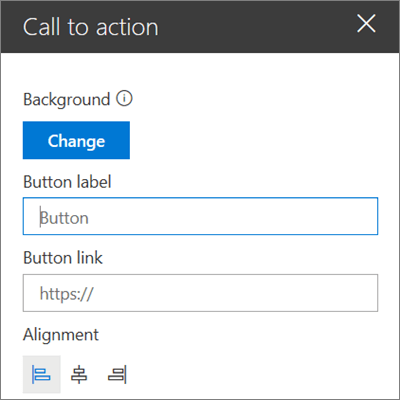 The toolbox for the Call to Action webpart for SharePoint sites, showing how to customize the link, button, and alignment of the webpart