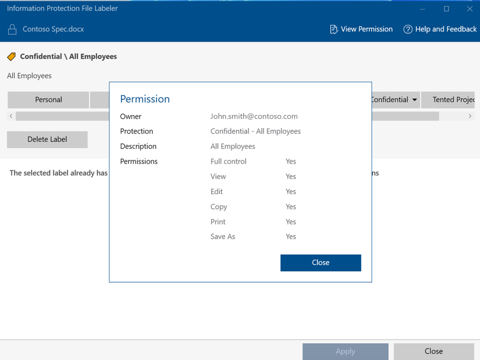 View permissions with Microsoft Purview Information Protection File Labeler