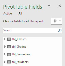 Power Pivot PivotTable Field List