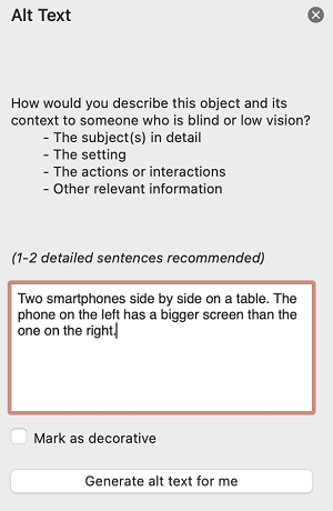 The Alt Text pane in PowerPoint for Mac.