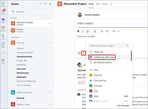 Screenshot showing how to navigate to Loop components from a channel post