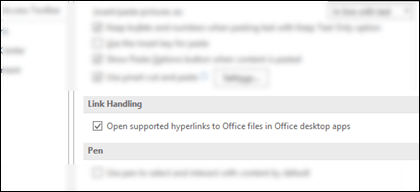 The Options > Advanced dialog box showing the setting to enable or disable opening links in the desktop applications.