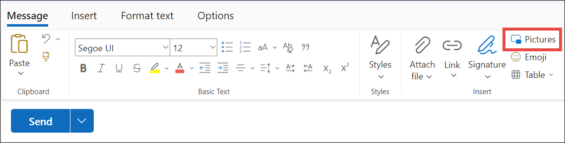 Insert pictures in New Outlook