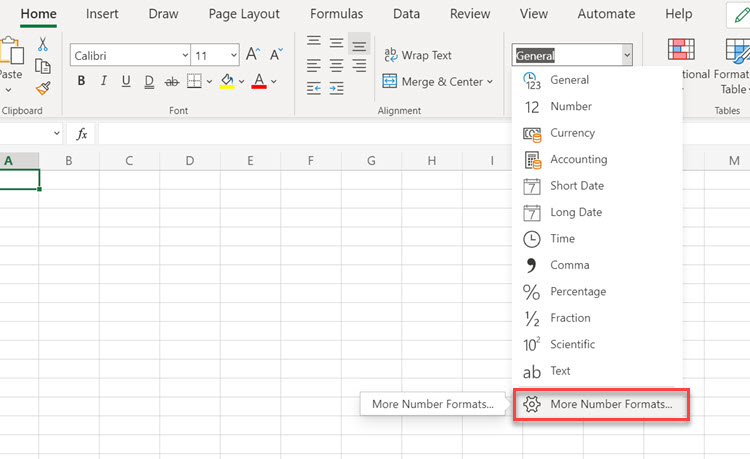 Number Format menu with the More Number Formats option highlighted.