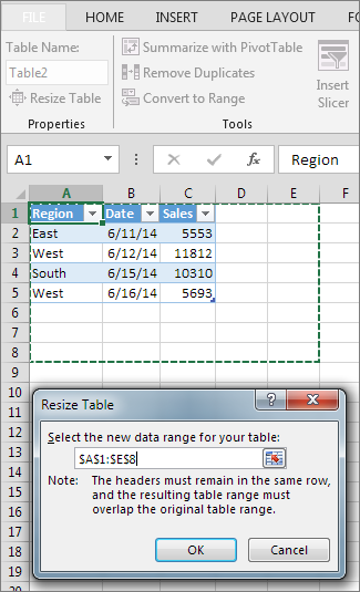 Resize Table