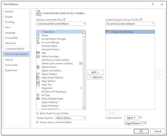 Word Options dialog box with the Quick Access Toolbar tab selected