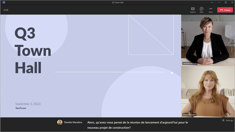 Screenshot showing attendee view of a town hall with live translated captions