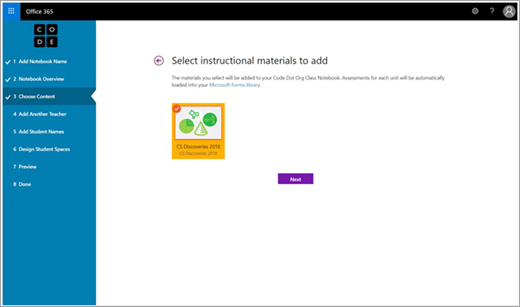 Setup wizard step to add instructional material to a Code.org Class Notebook