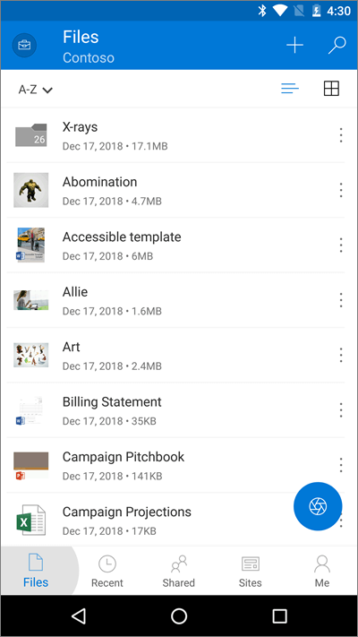 Screenshot of OneDrive mobile app with Files button highlighted