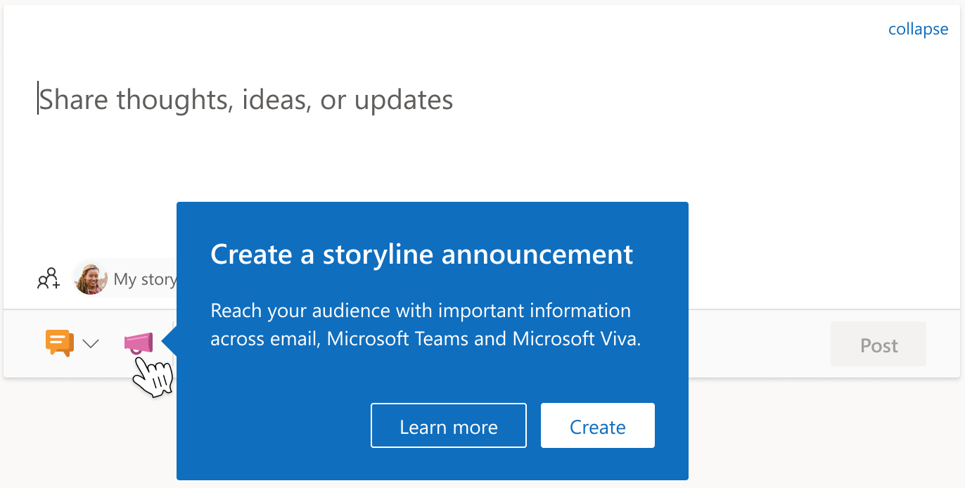 Image of the informational bar below a storyline announcement in Viva Engage