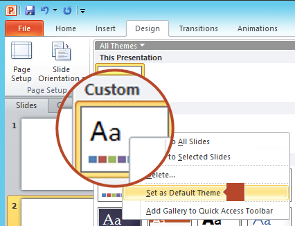 Right-click the new theme listed under the "Custom" heading, and then choose "Set as Default Theme".