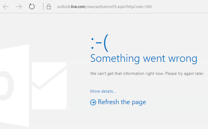 Outlook.com "Something went wrong" error code 500