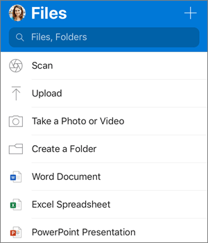 Screenshot of the Add menu in OneDrive app for iOS