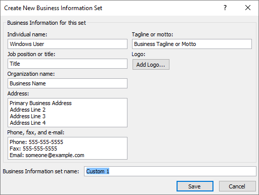 Screenshot of the Create New Business Information Set dialog box.