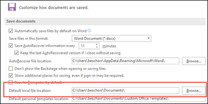 The Save options in Word, showing the default working folder setting