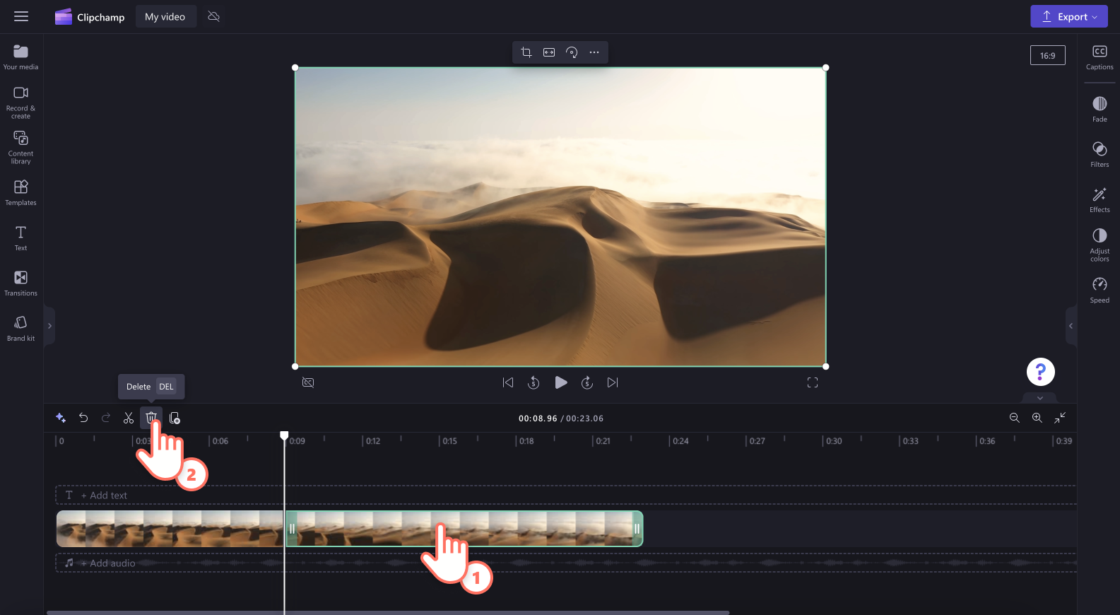 An image of a video project in Clipchamp video editor with the transition menu open.