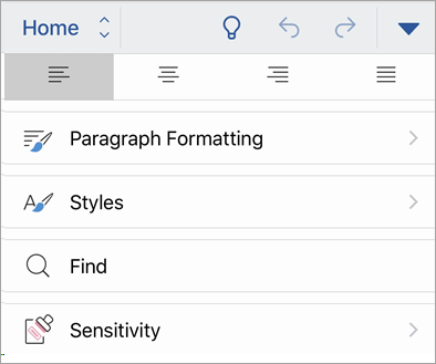 Screenshot of the Sensitivity button in Office for iOS