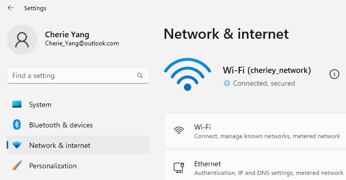 Shows the Settings page, with Network & internet selected so Wi-Fi settings show.