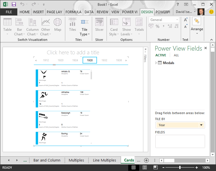 the TILE BY container in a Power View report