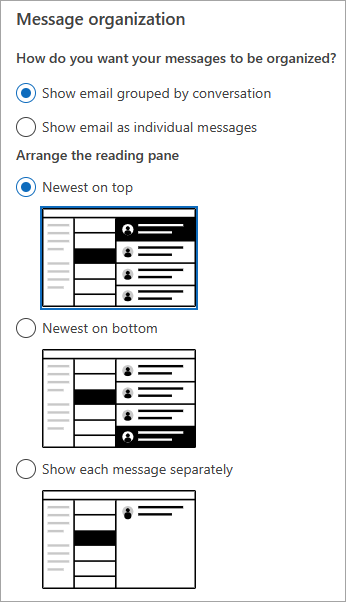 Screenshot of Settings > Mail> Layout section showing Message organization section