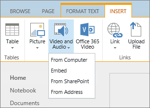 Screenshot of the SharePoint Online ribbon. Select the Insert tab and then select Video and Audio to specify whether to add a file from your computer, a SharePoint location, a web address, or via an embed code.