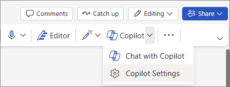 Shows the Copilot option on the Word ribbon, with the Settings option selected in the dropdown list.