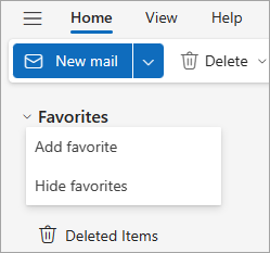 Screenshot showing Favorites drop down list with choices to Add or Hide favorites