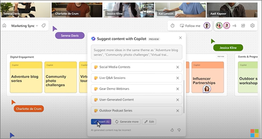 Shows Copilot suggestions in Whiteboard during a Teams meeting.