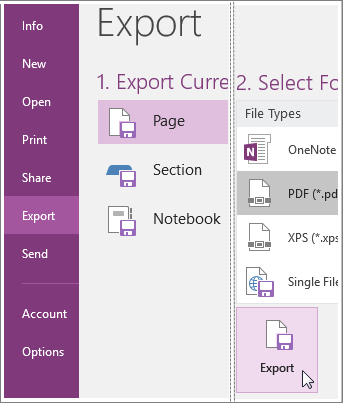 Screenshot of how to export a page of notes in OneNote 2016.