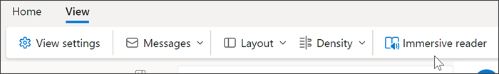 Screenshot of the top of outlook web showing the view tab selected and mouse hovering over immersive reader