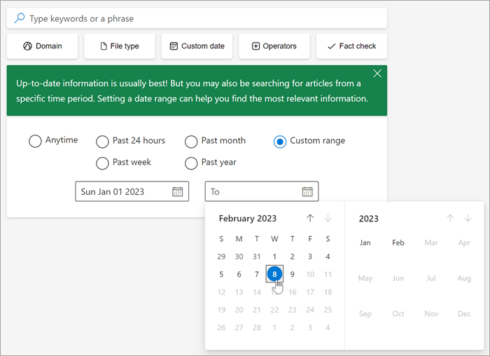 Screenshot of the date selection tool once you have selected custom range