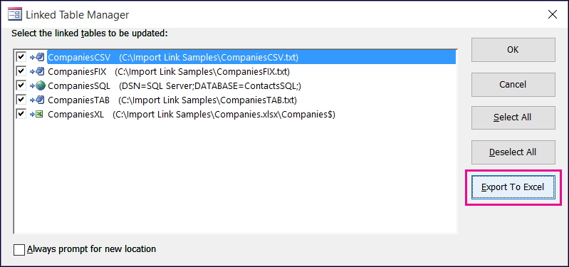 The linked table manager dialog in Access with the Export to Excel button selected.