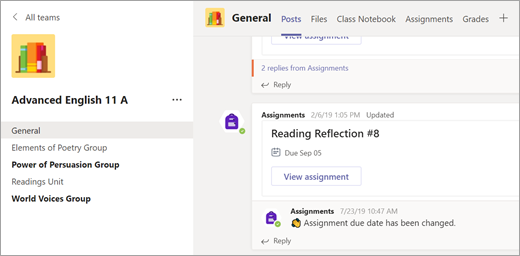 Channels in a class team and tabs within the General channel