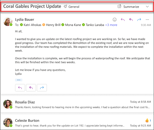 Click Summarize to get an email thread summary by Copilot.