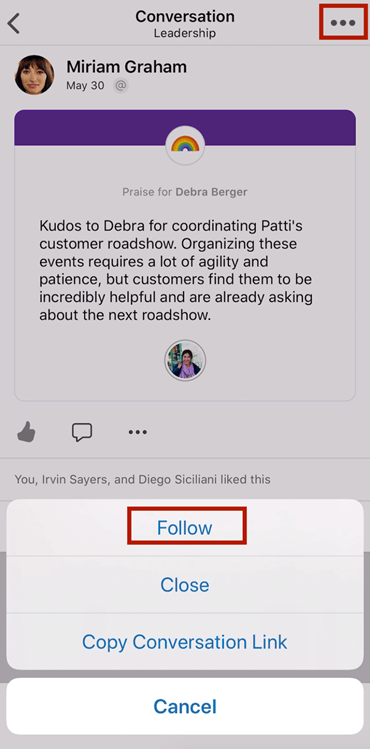 Screenshot showing following a conversation in new Yammer in mobile app