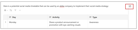 Screenshot showing an entry point to rewrite Copilot generated content, the Copilot icon on the right is highlighted