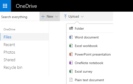 Screenshot of creating a document from OneDrive.com