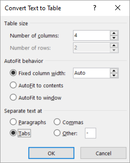 The Convert Text to Table dialog box is shown.