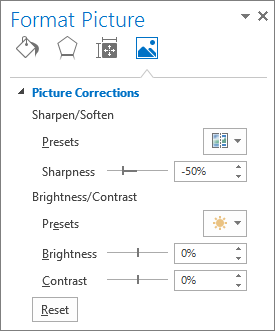 Picture Corrections options in the Format Picture task pane