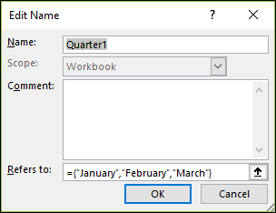 Add a named array constant from Formulas > Defined Names > Name Manager > New