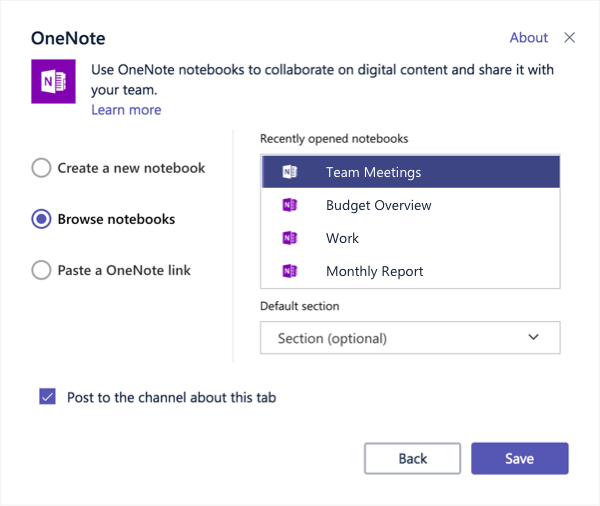 OneNote tab setup dialog box