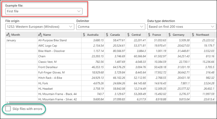 An example text import dialog box