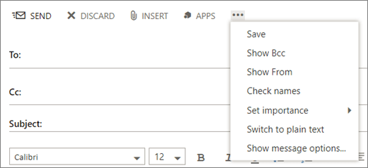 A screenshot shows the options available from the More command on the mail message toolbar.