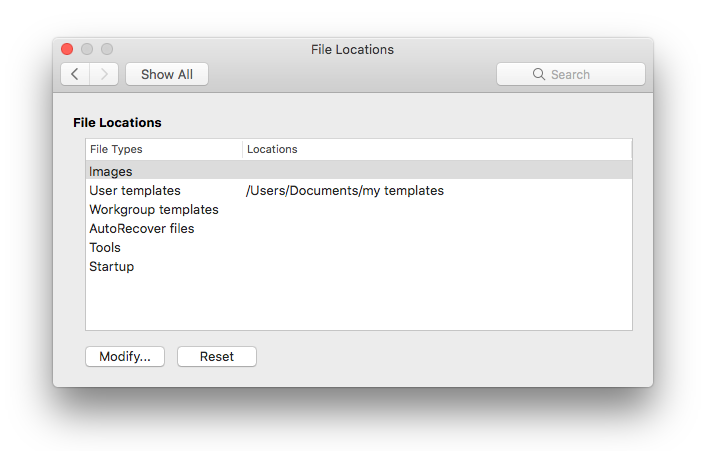 screen shot of the File locations preference panel from Microsoft Word