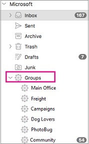 Groups listed in folder pane of Outlook 2016 for Mac