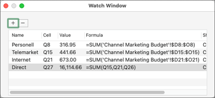 Watch window in Excel 2021 for Mac displaying Name, Cell, Value, and Formula