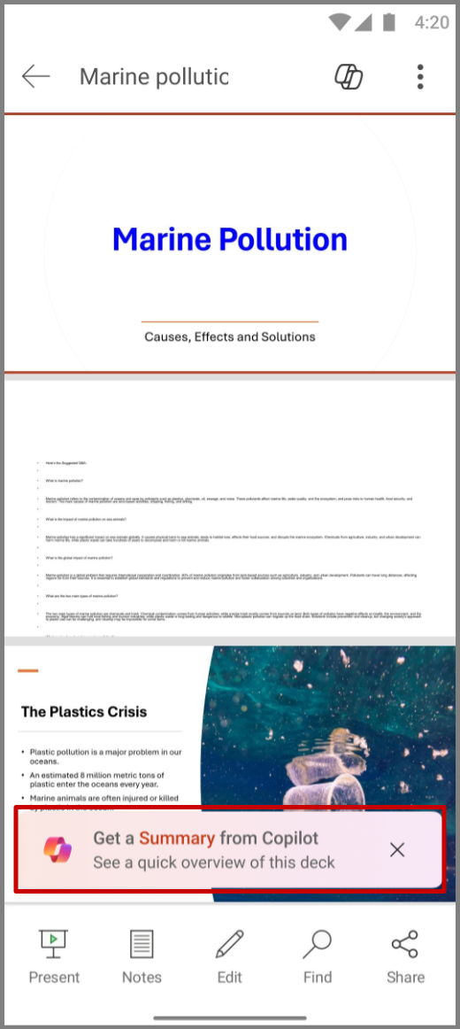 Screenshot of Copilot in PowerPoint on Android device with the Get Summary from Copilot prompt