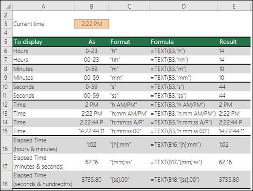 Time formats for hours, minutes and seconds