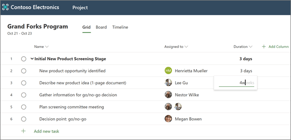 The Duration column in Project, displaying a duration being entered